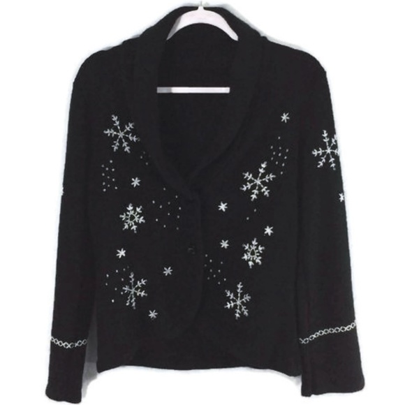 Vintage Sweaters - Vintage Black Button Snowflake Cardigan Sweater